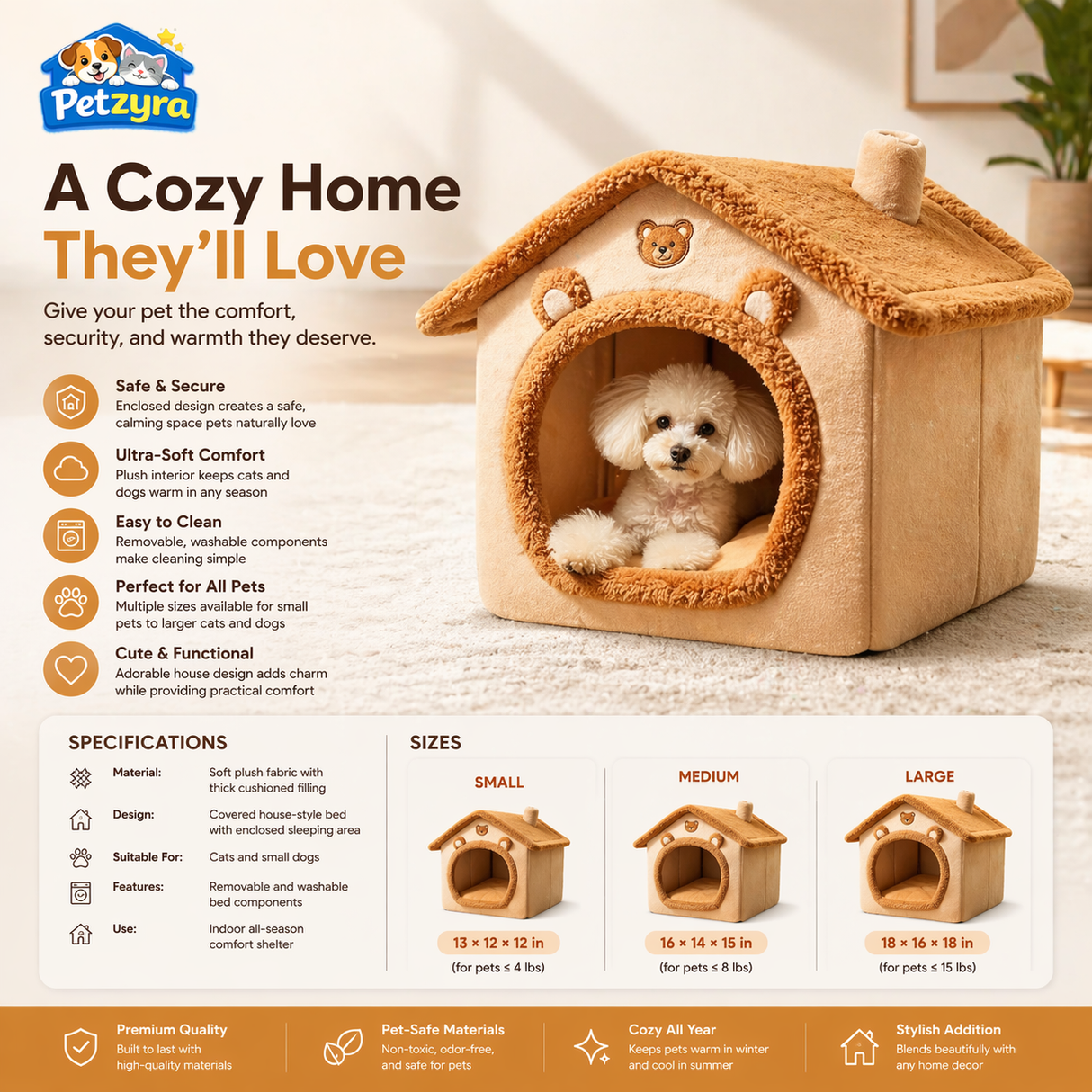 All-Season Pet House Bed - Warm Covered Bed for Cats & Dogs
