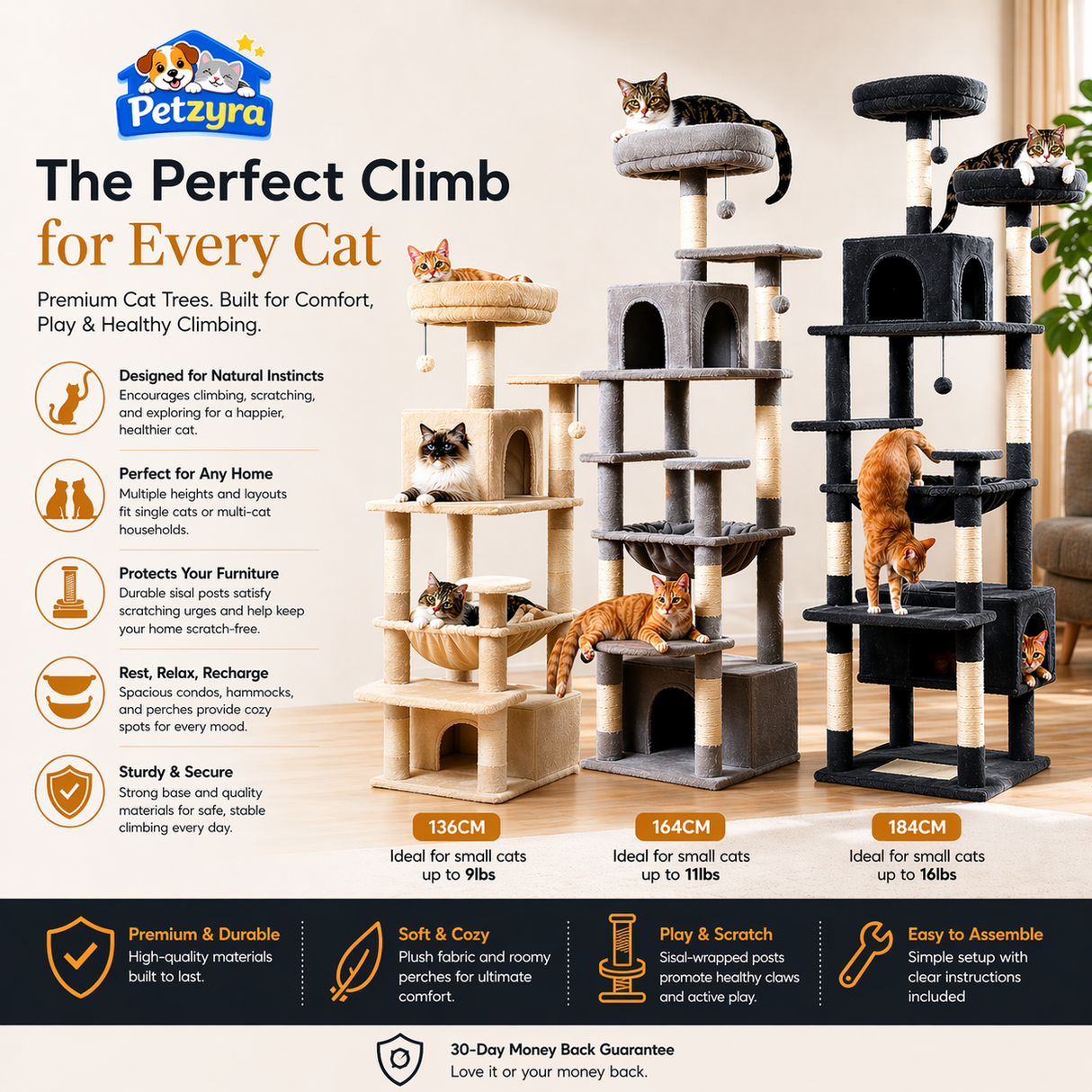 Large Cat Tree Tower - Multi-Level Scratching Post & Condo