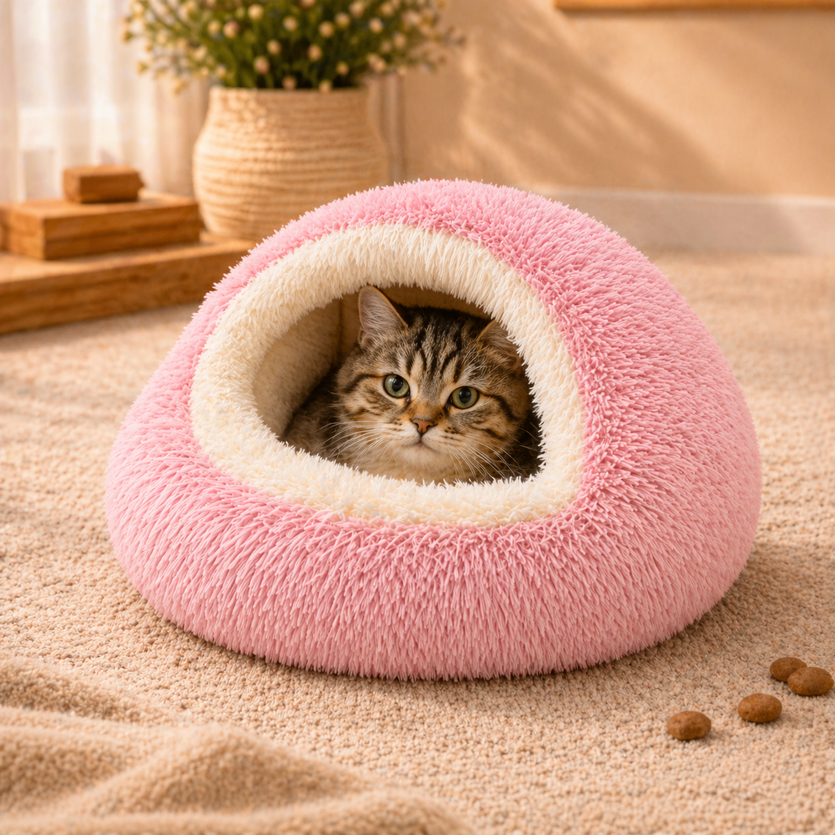 2-in-1 Plush Pet Cave Bed - Covered Nest for Cats & Small Dogs