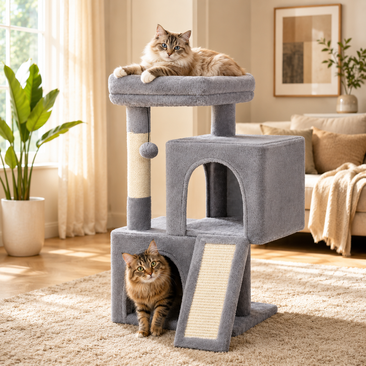 Spacious Cat Tree - Condo with Hammock & Scratching Ramp