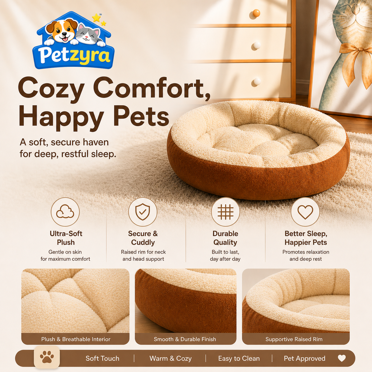 Cozy Oval Pet Bed - Warm Plush Bed for Cats & Dogs