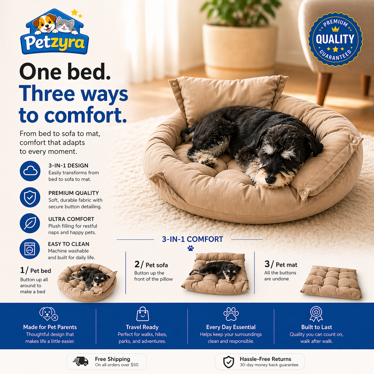 3-in-1 Pet Bed Mat - Sofa Bed Nest for Cats & Dogs