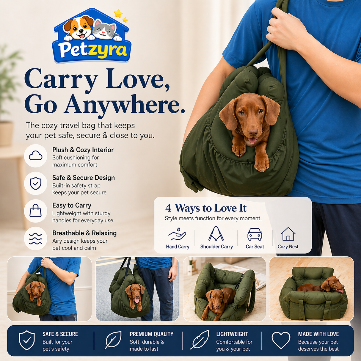 Dog Car Seat Bed - Booster Seat with Safety Belt