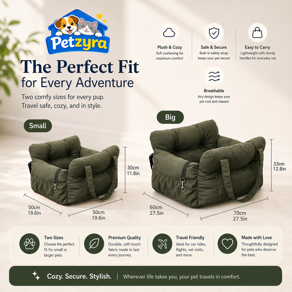 Dog Car Seat Bed - Booster Seat with Safety Belt