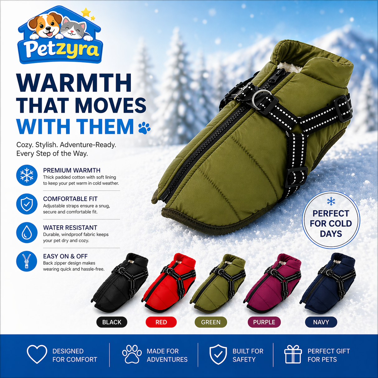 Winter Dog Jacket with Harness - Waterproof Coat