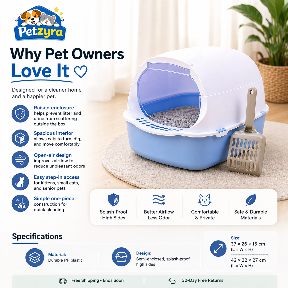 Semi-Enclosed Cat Litter Box - Splashproof Litter Tray