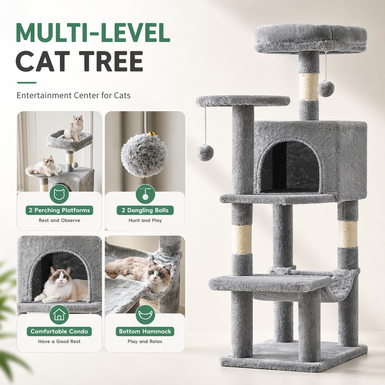 Tall Cat Tree Tower - Climbing Play Center for Indoor Cats