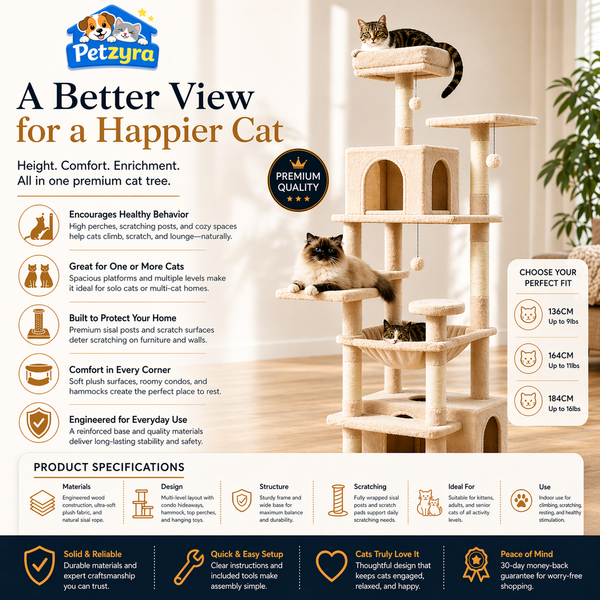 Large Cat Tree Tower - Multi-Level Scratching Post & Condo