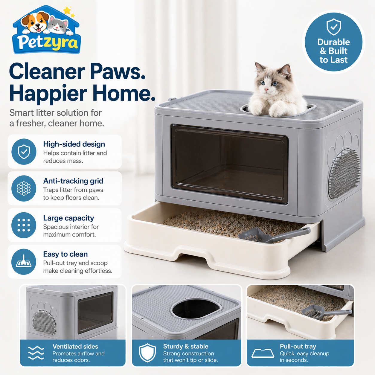 Enclosed Cat Litter Box - Foldable Top Entry Design