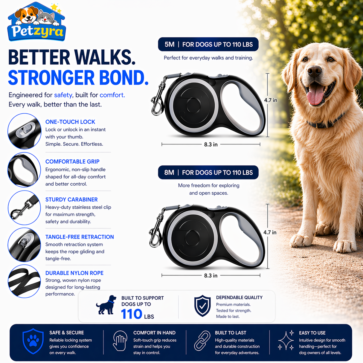 Retractable Dog Leash - Extendable Nylon Lead for Dogs