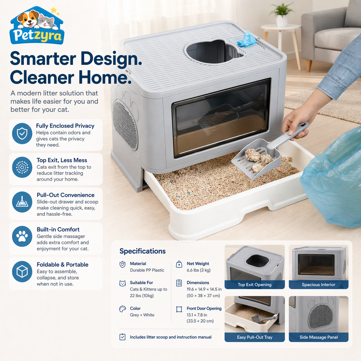 Enclosed Cat Litter Box - Foldable Top Entry Design
