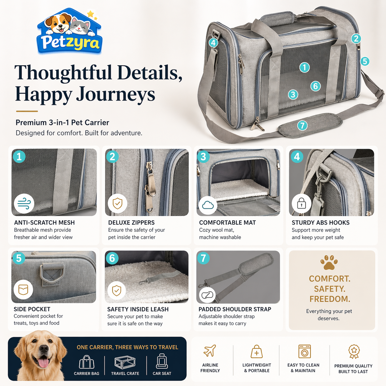 Airline Approved Pet Carrier - Soft Travel Bag for Cats & Dogs
