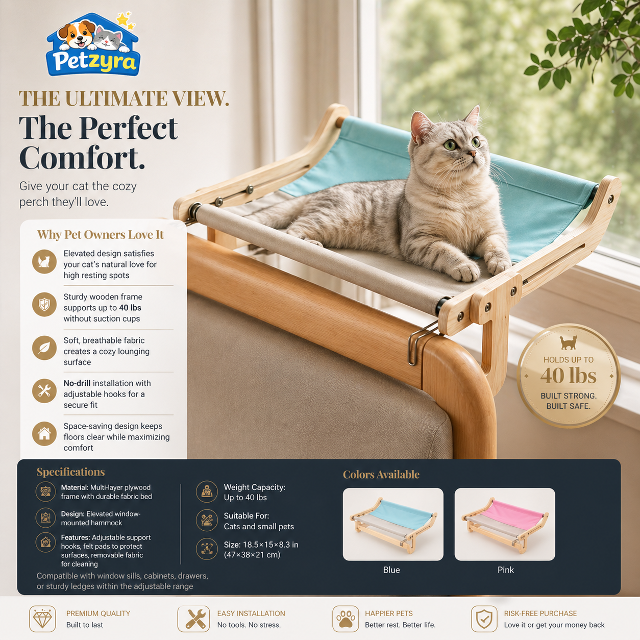 Window Cat Hammock - Elevated Cozy Window Bed