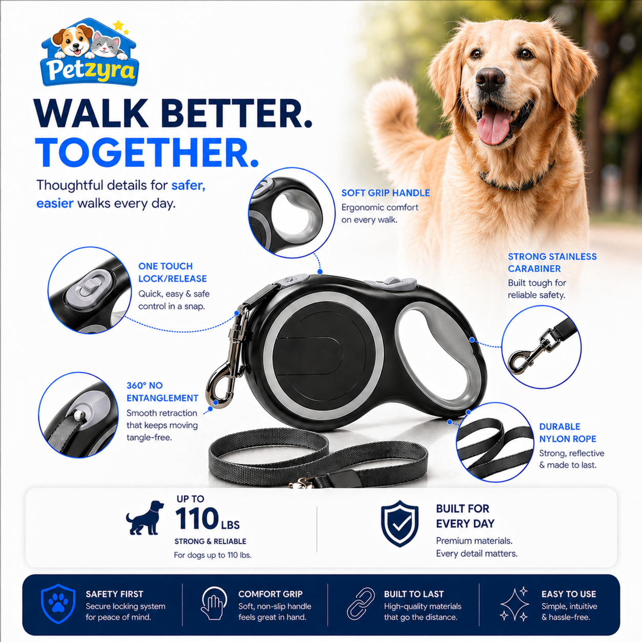 Retractable Dog Leash - Extendable Nylon Lead for Dogs