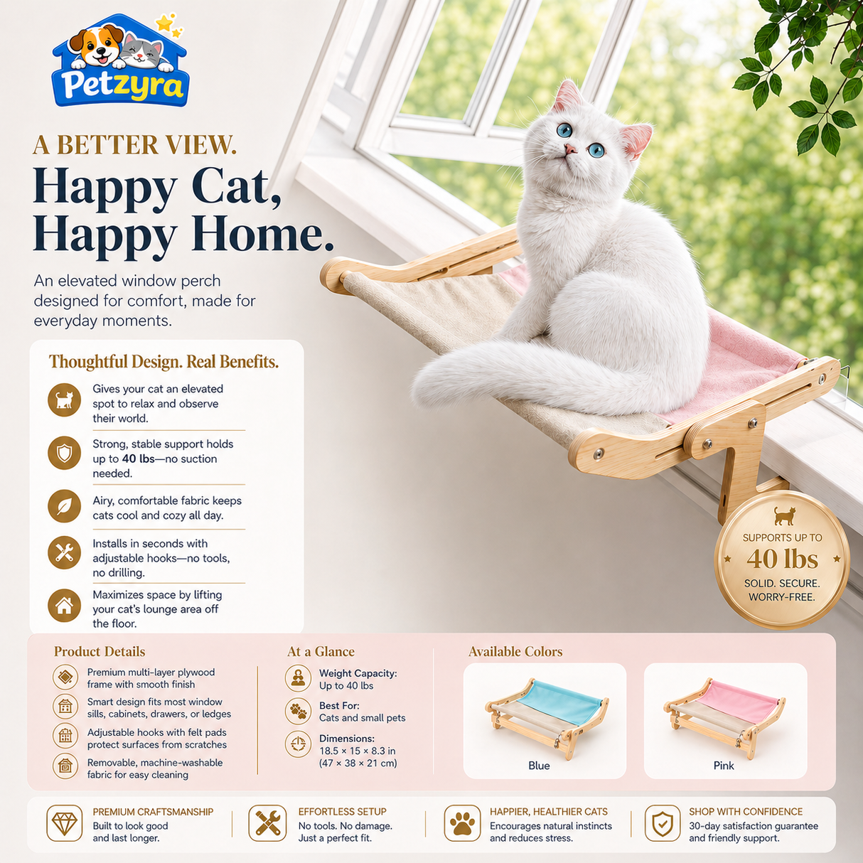 Window Cat Hammock - Elevated Cozy Window Bed