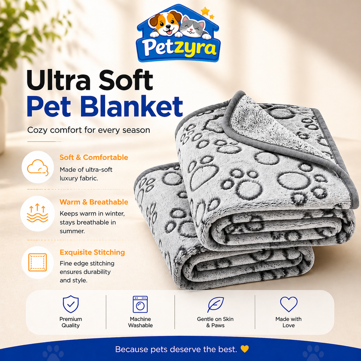 Paw Print Pet Blanket - Soft Warm Blanket for Cats & Dogs