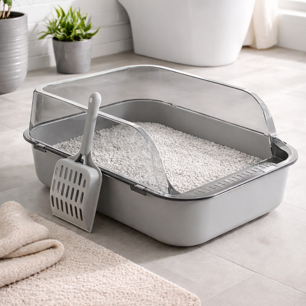 Semi-Enclosed Cat Litter Box - Splashproof Litter Tray