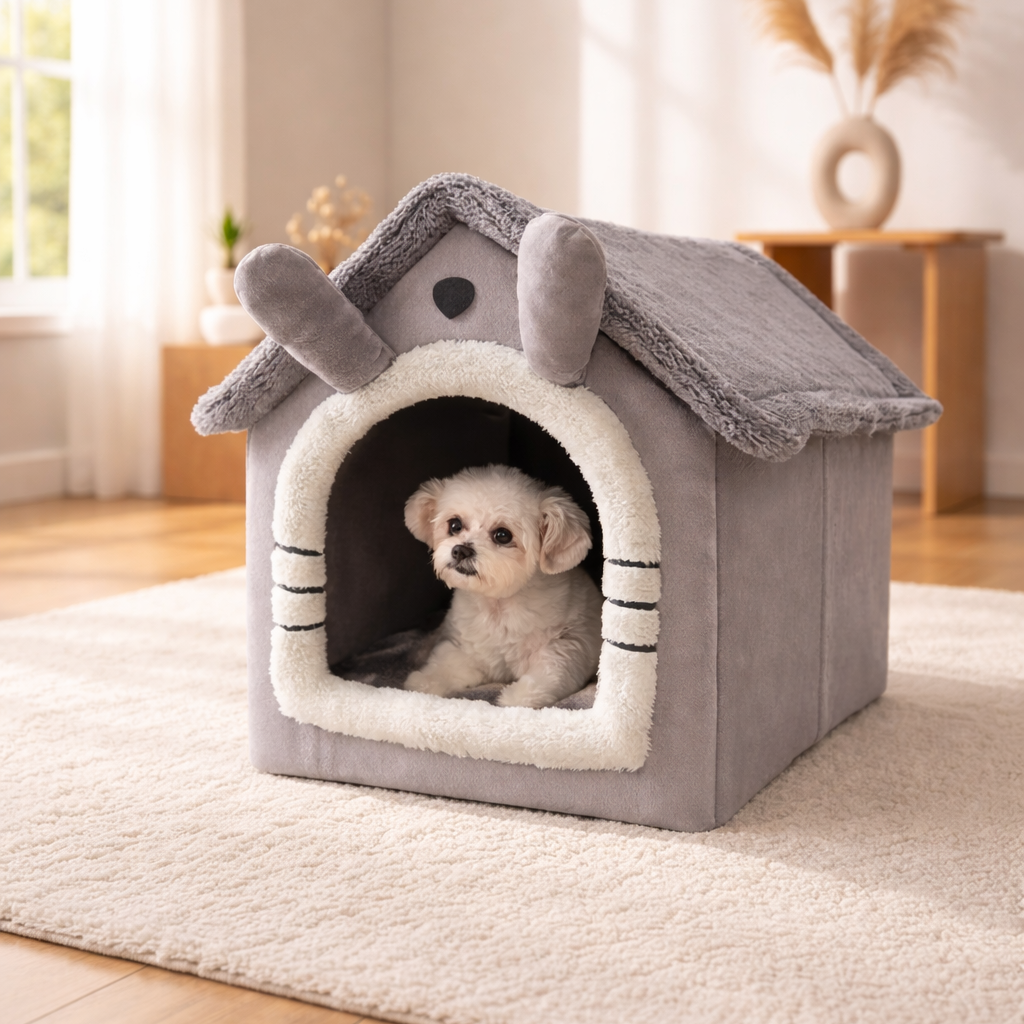 All-Season Pet House Bed - Warm Covered Bed for Cats & Dogs
