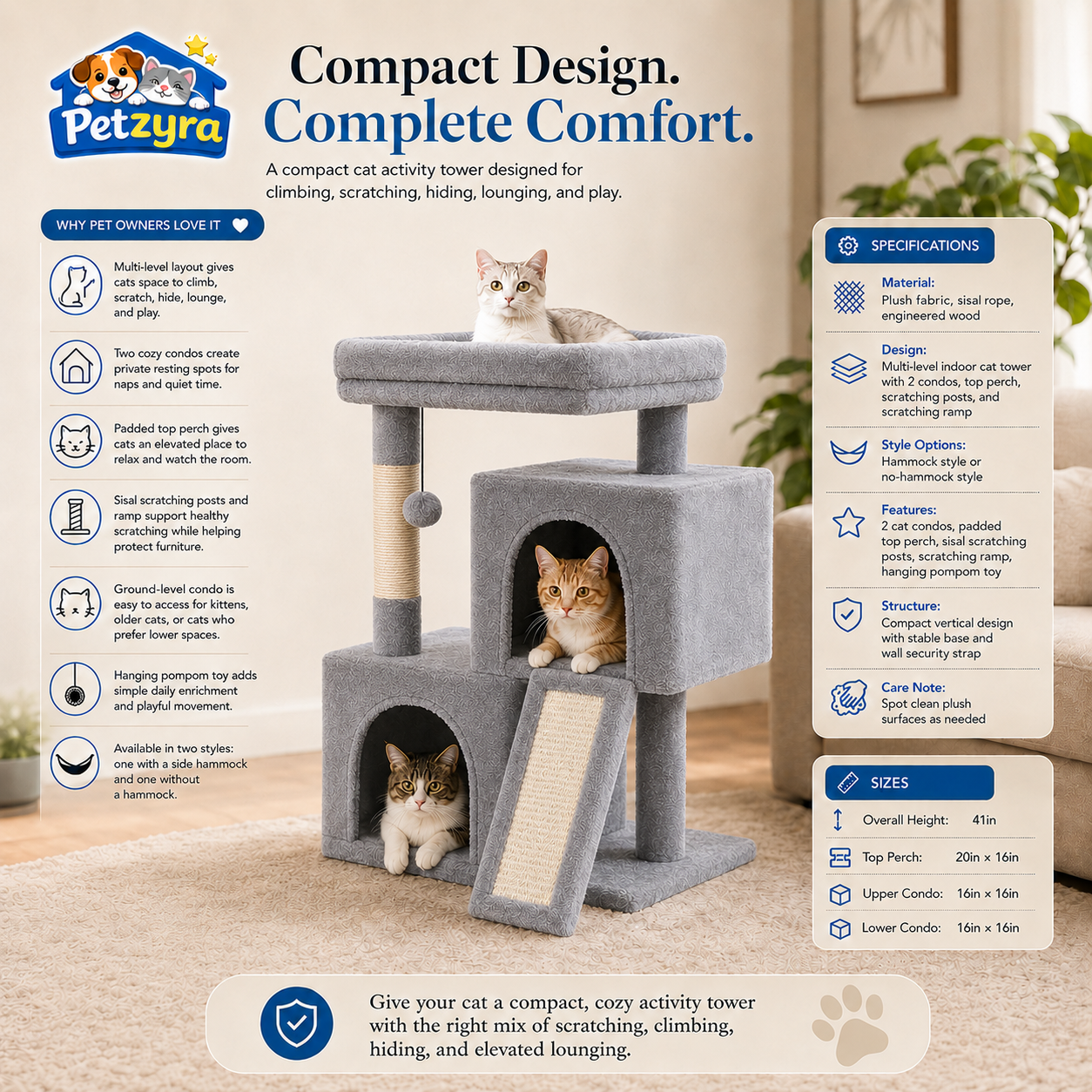 Spacious Cat Tree - Condo with Hammock & Scratching Ramp