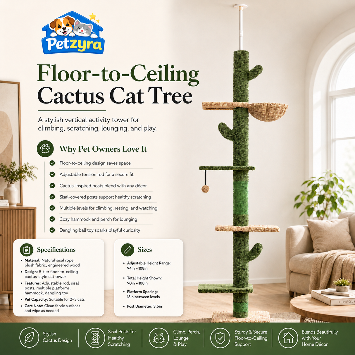 Cactus Cat Tree - Floor-to-Ceiling Climbing Tower