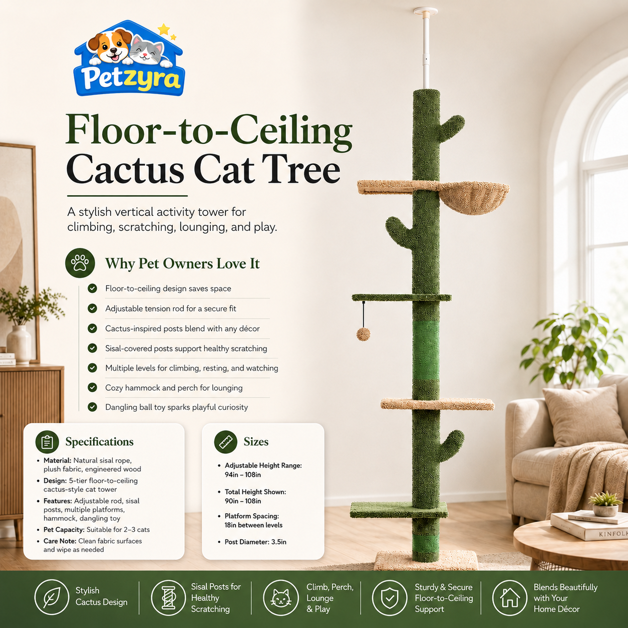 Cactus Cat Tree - Floor-to-Ceiling Climbing Tower