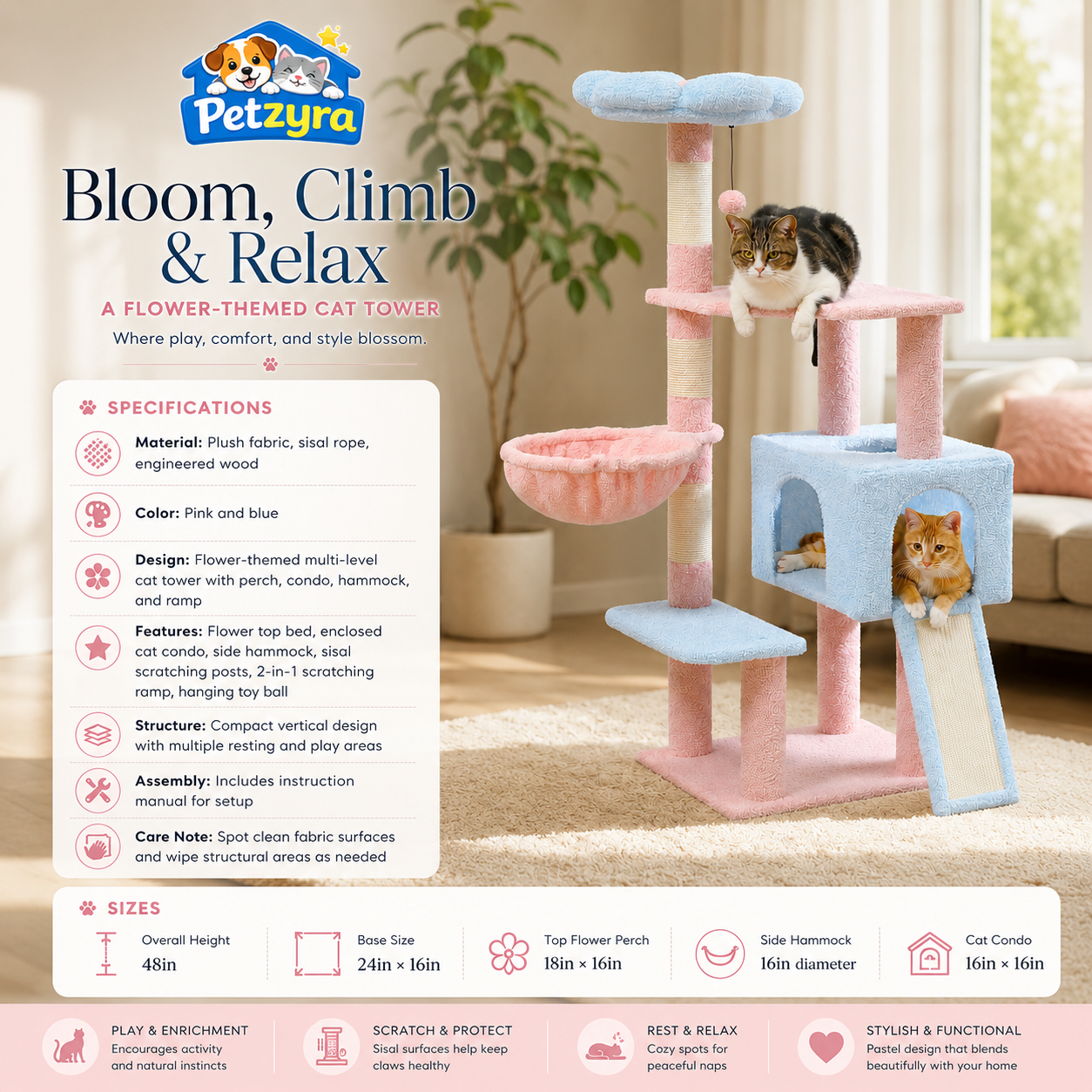 Flower Cat Tree - Condo, Perch & Scratching Ramp