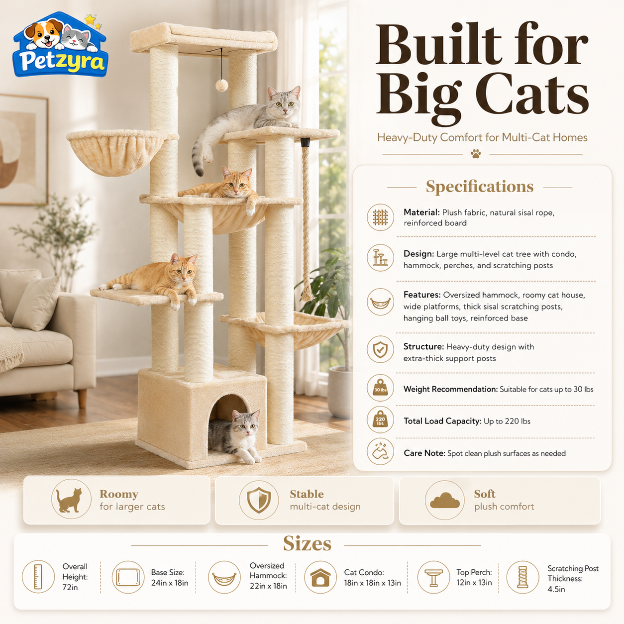Large Cat Tree - Heavy-Duty Multi-Level Tower