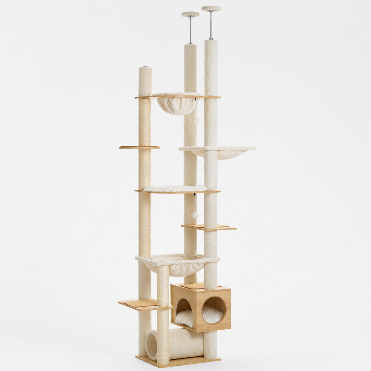 Wooden Floor-to-Ceiling Cat Tree - Adjustable Tower