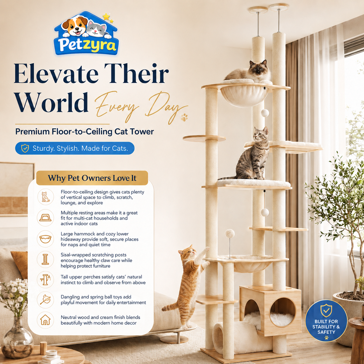 Wooden Floor-to-Ceiling Cat Tree - Adjustable Tower