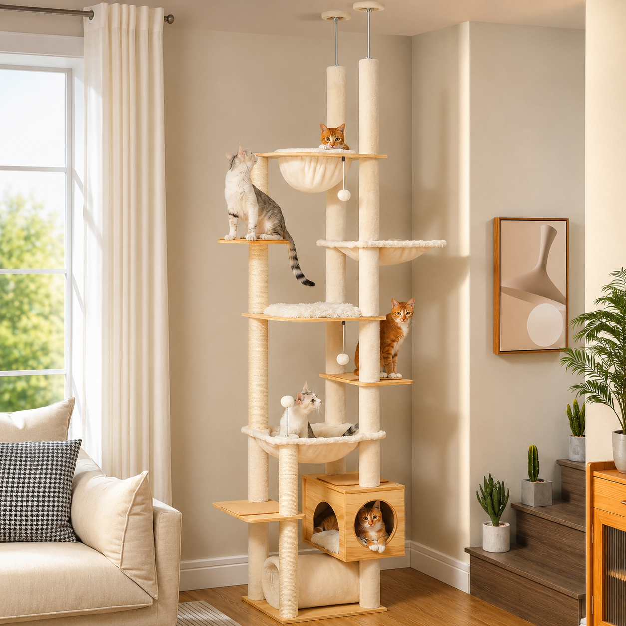 Wooden Floor-to-Ceiling Cat Tree - Adjustable Tower