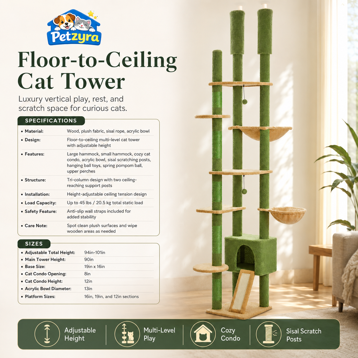 Wooden Floor-to-Ceiling Cat Tree - Adjustable Tower