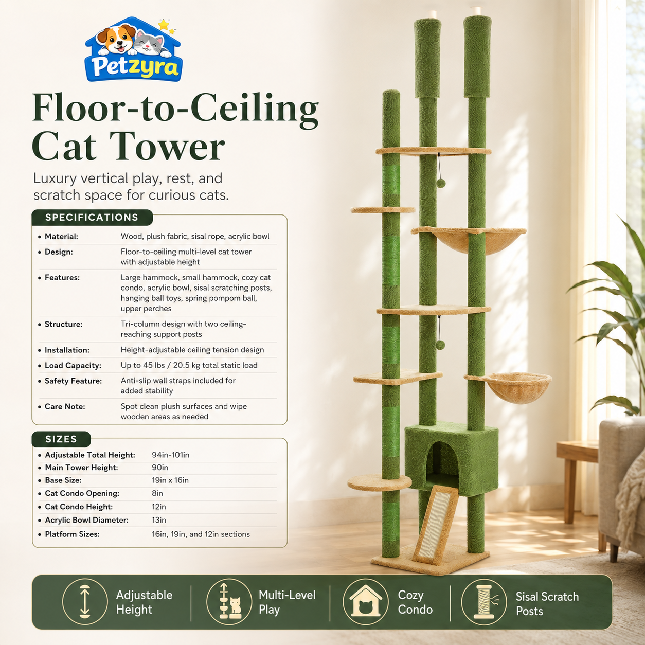 Wooden Floor-to-Ceiling Cat Tree - Adjustable Tower
