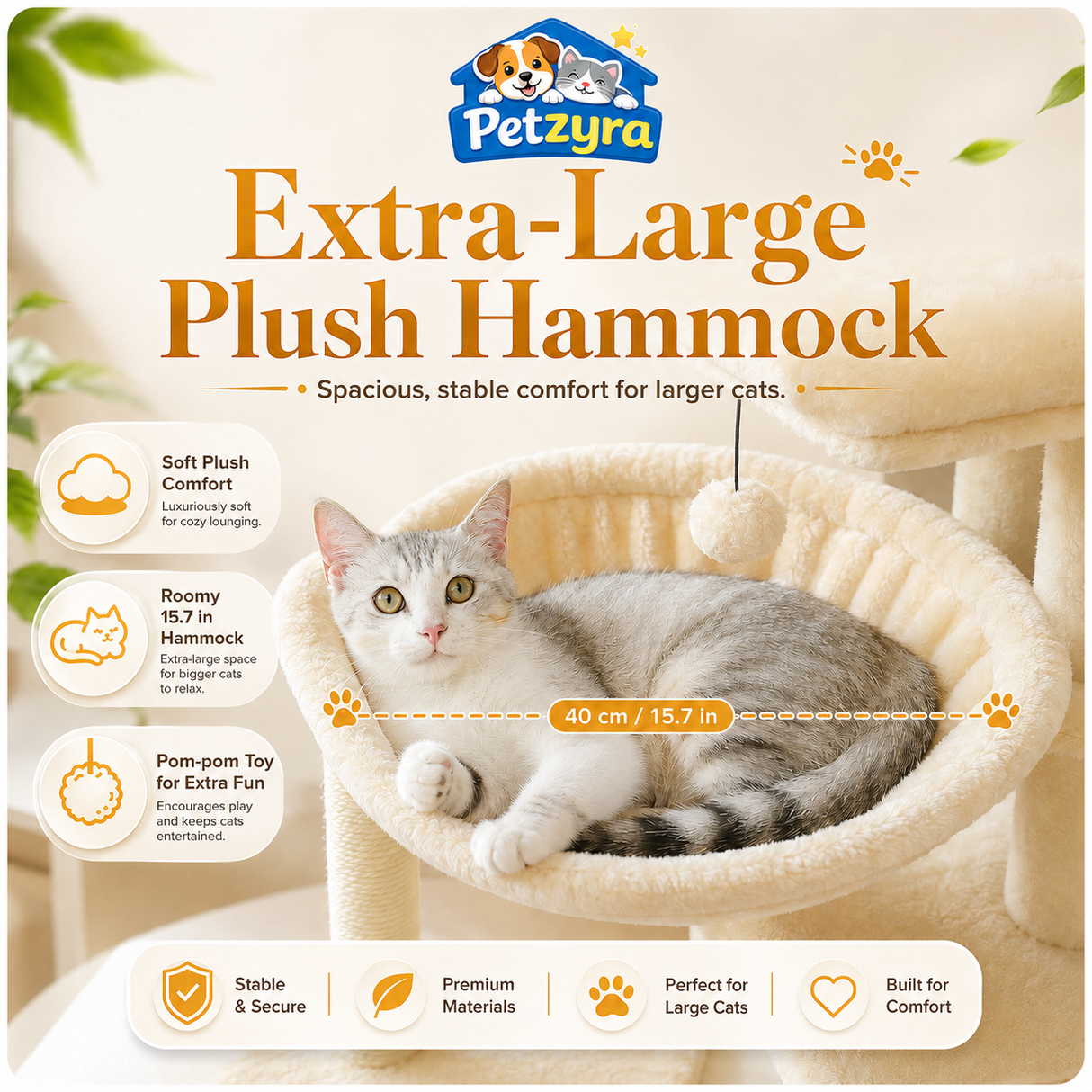 Spacious Cat Tree - Condo with Hammock & Scratching Ramp