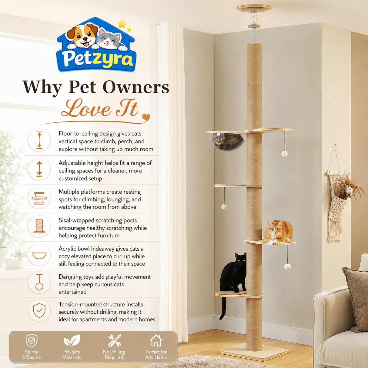 Floor-to-Ceiling Cat Tree - Adjustable Climbing Tower