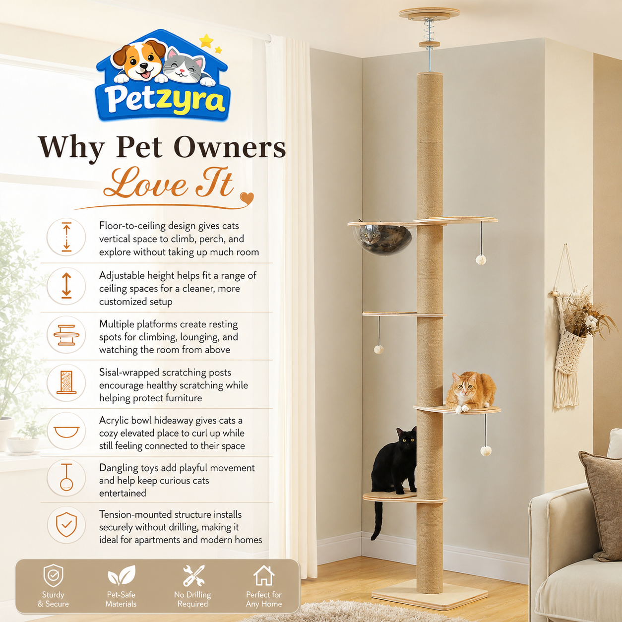 Floor-to-Ceiling Cat Tree - Adjustable Climbing Tower