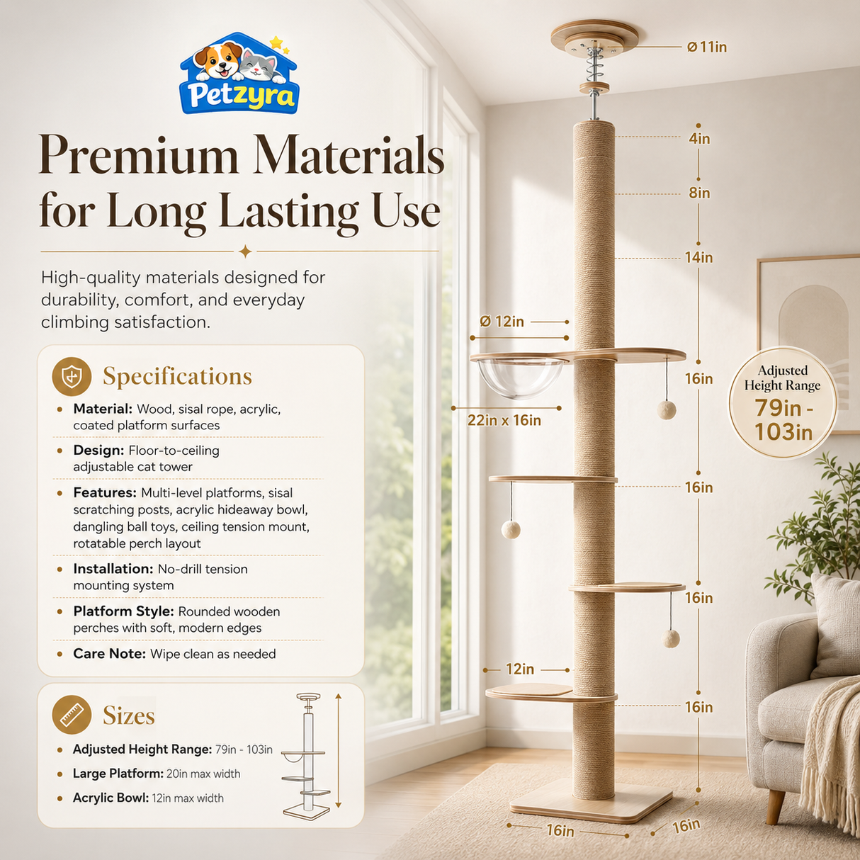 Floor-to-Ceiling Cat Tree - Adjustable Climbing Tower