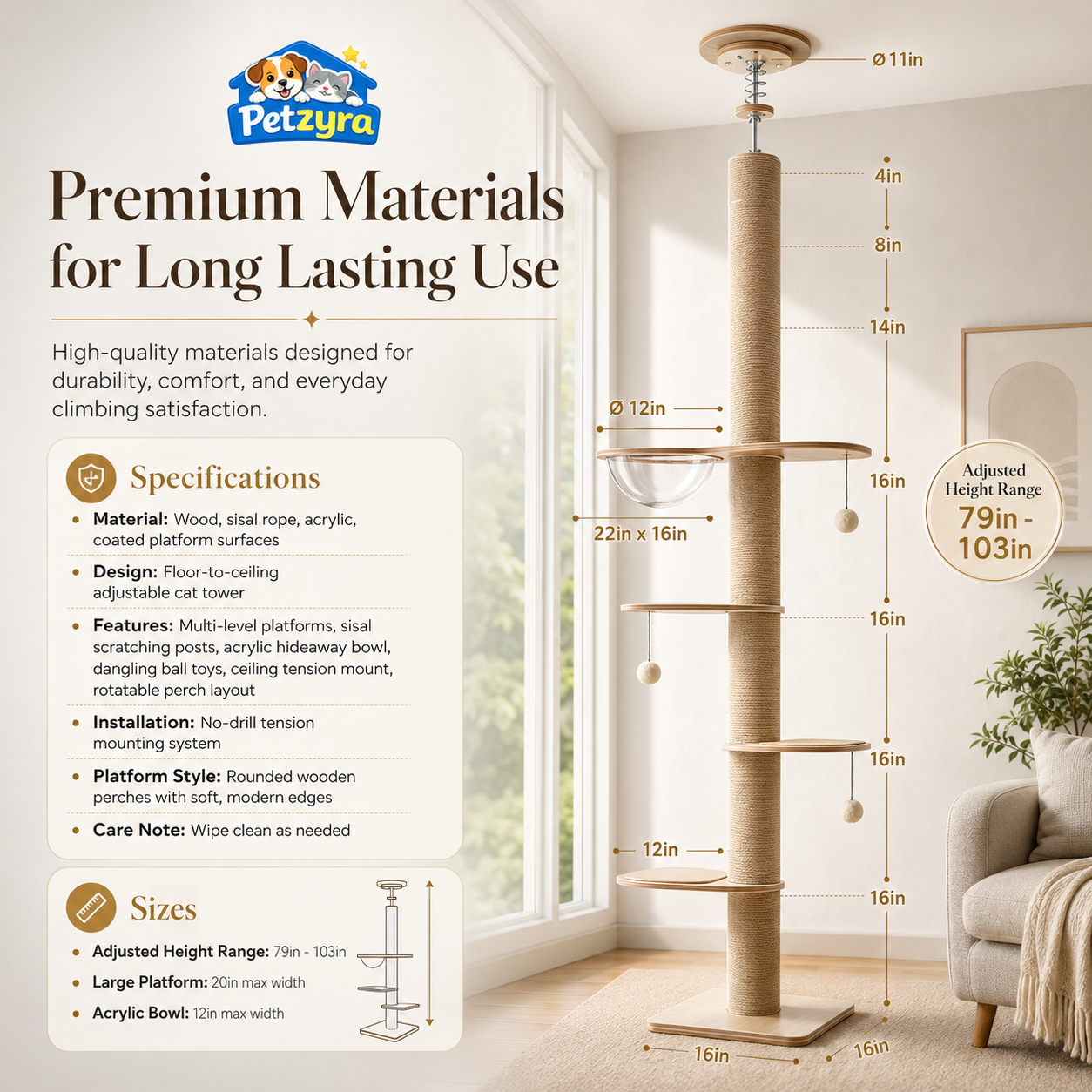 Floor-to-Ceiling Cat Tree - Adjustable Climbing Tower