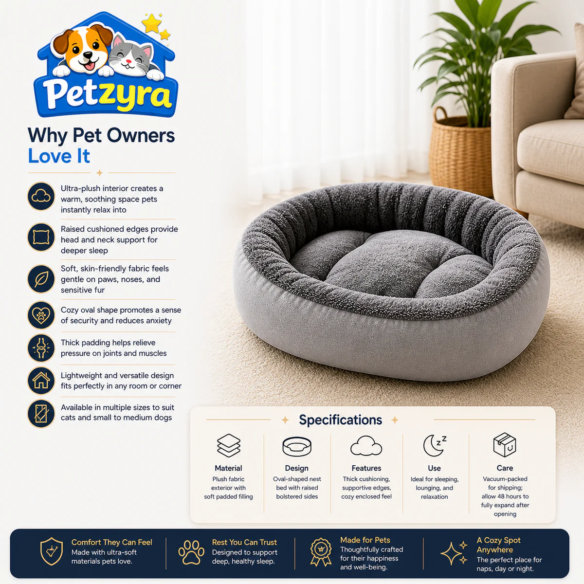 Cozy Oval Pet Bed - Warm Plush Bed for Cats & Dogs