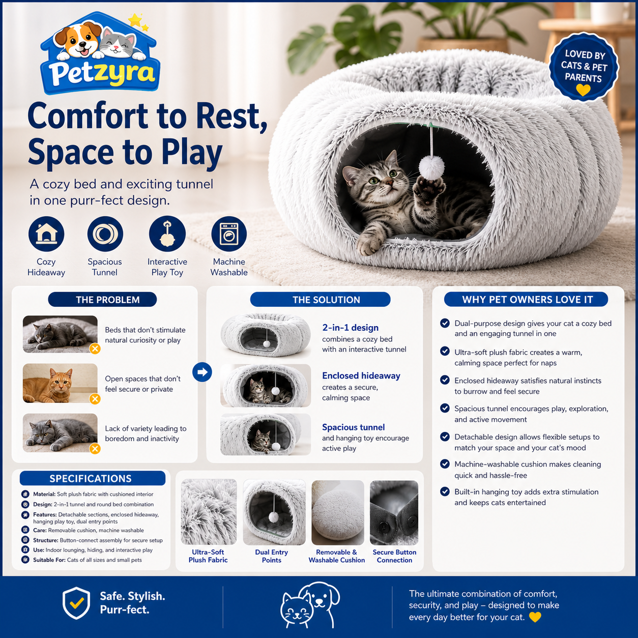 Cozy 2-in-1 Cat Tunnel Bed - Plush Comfort Meets Playful Hideaway