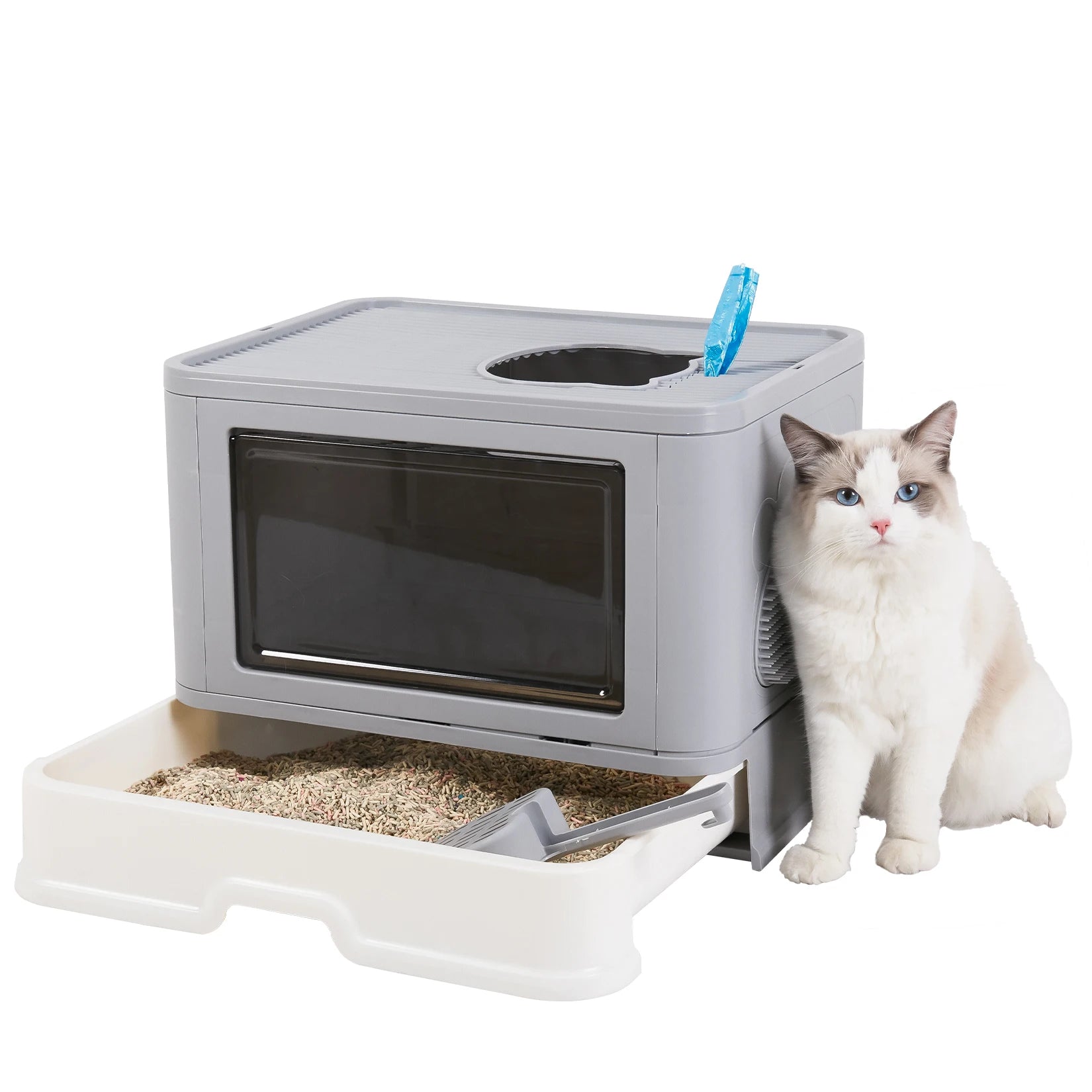 Enclosed Cat Litter Box - Foldable Top Entry Design