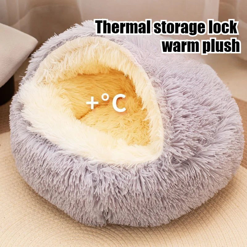 2-in-1 Plush Pet Cave Bed - Covered Nest for Cats & Small Dogs