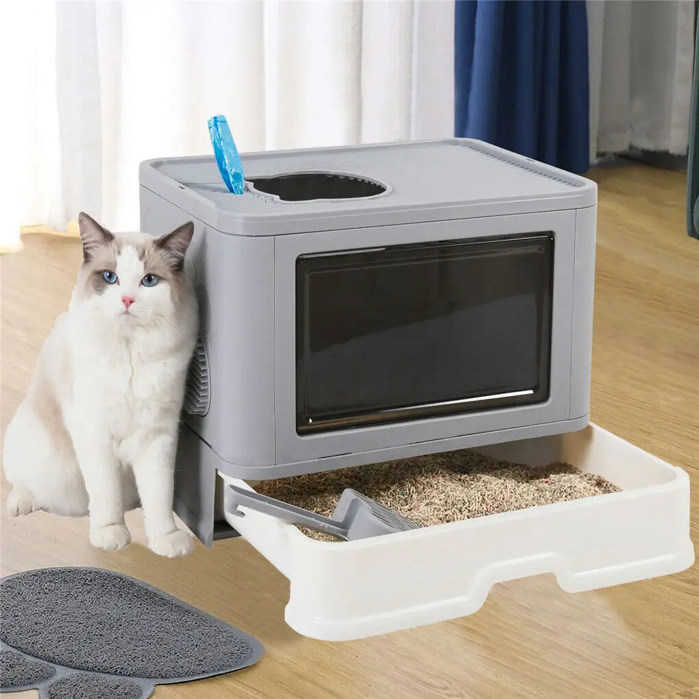 Enclosed Cat Litter Box - Foldable Top Entry Design
