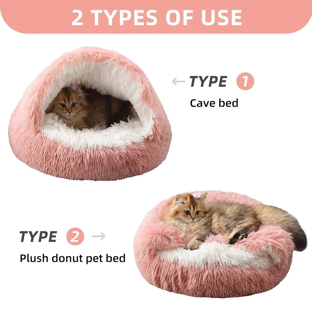2-in-1 Plush Pet Cave Bed - Covered Nest for Cats & Small Dogs