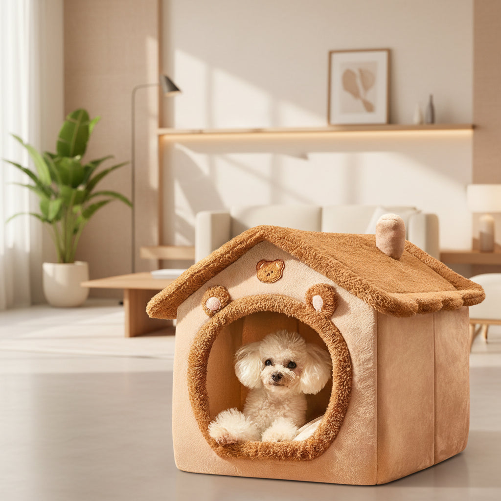 All-Season Pet House Bed - Warm Covered Bed for Cats & Dogs